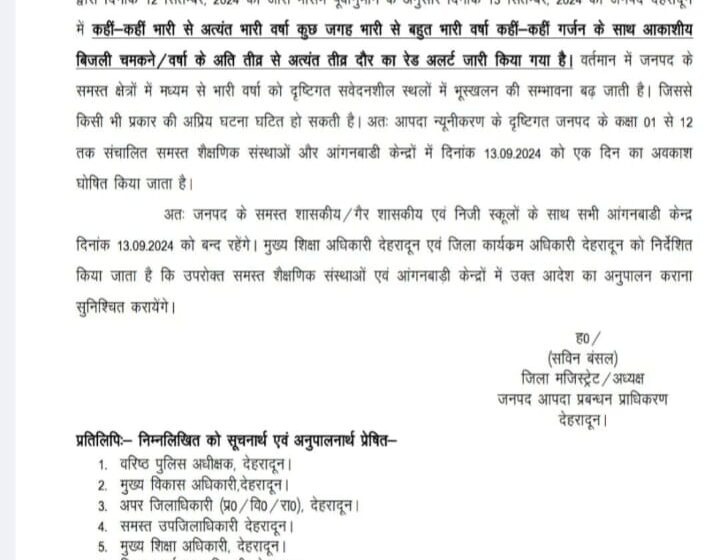  भारी वर्षा के चलते कक्षा 01 से 12 तक संचालित समस्त शैक्षणिक संस्थाओं और आंगनबाडी केन्द्रों में दिनांक 13.09.2024 को एक दिन का अवकाश घोषित।